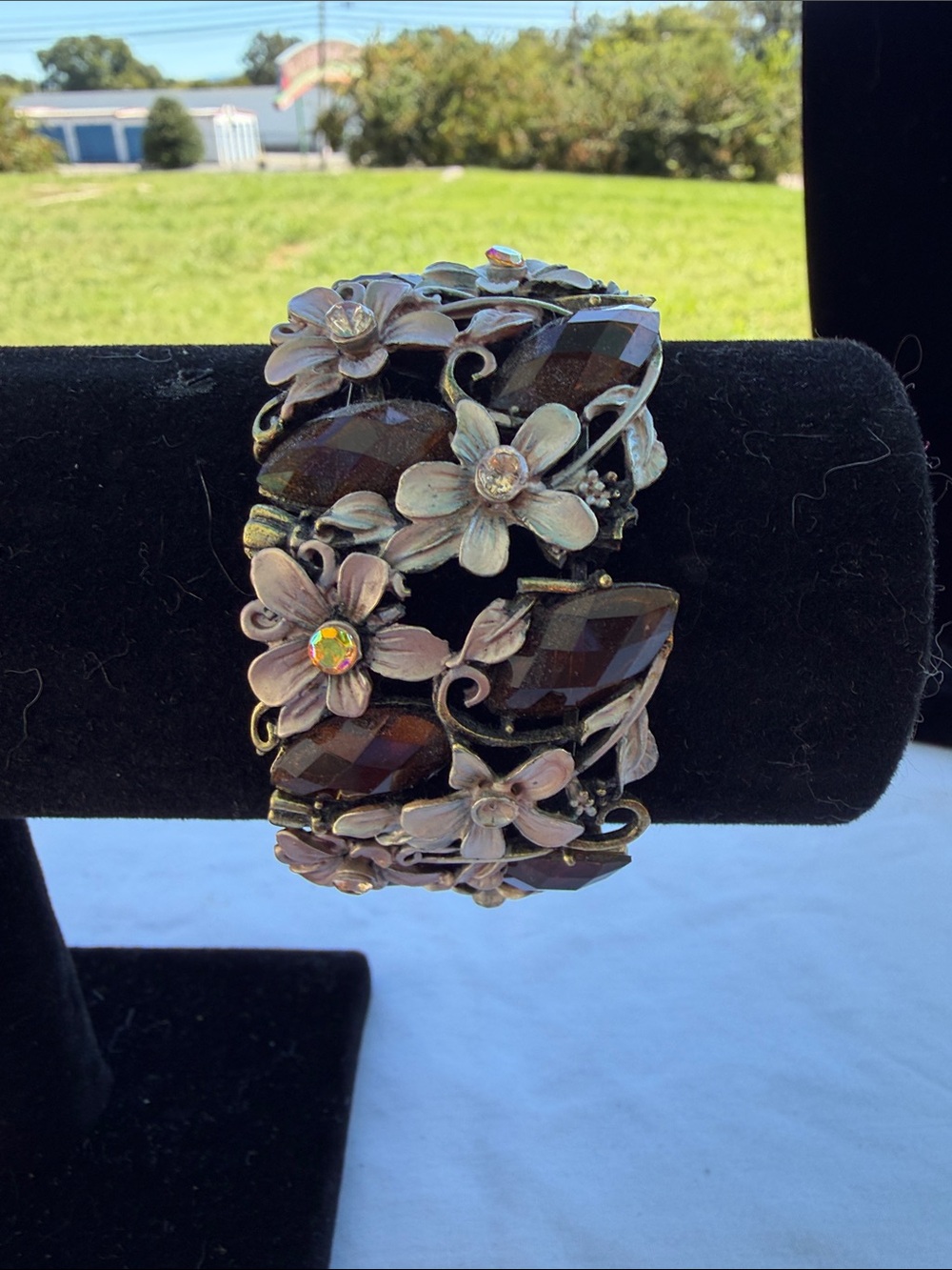 Floral Crystal cuff Bracelet in Brown and Pink and Yellows
